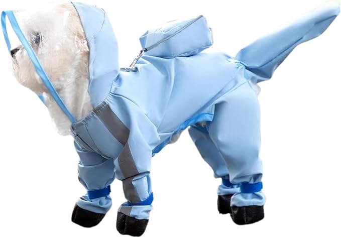 HDKUW Small Dog Raincoat and Rain Shoes Set, Full-Coverage Reflective Dog Jacket with Backbag, Blue, S