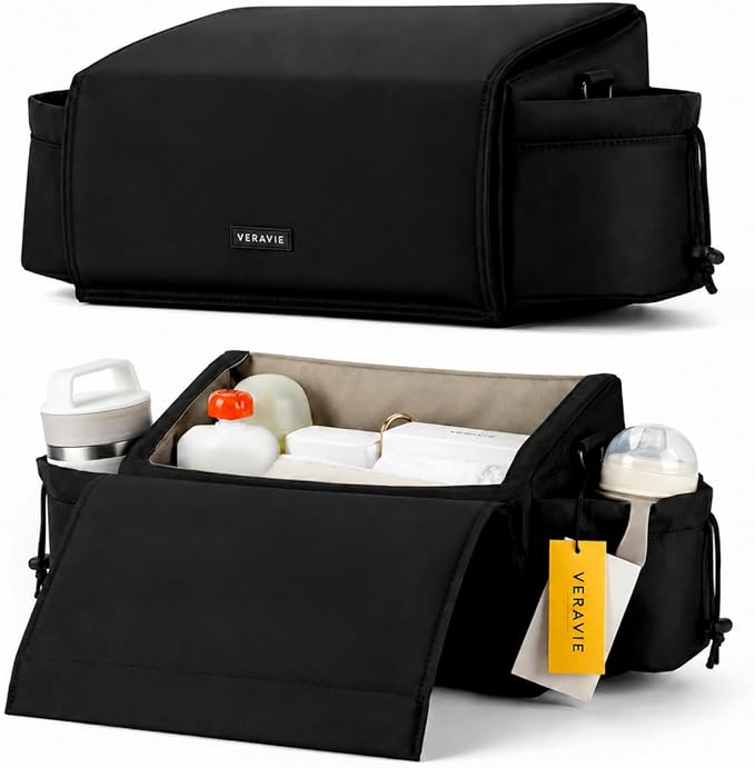 VERAVIE One Hand Stroller Caddy Organizer, Universal Cup Holder & Phone Holder for Stroller, Double Stroller Organizer, Magnetic Closure, Detachable Shoulder Strap, Wonderfold Wagon & Pet Stroller
