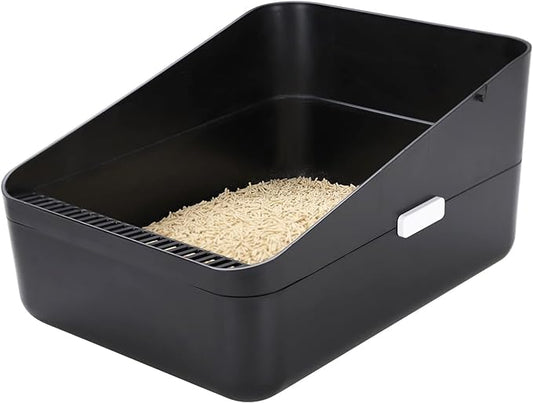Sfozstra Black Open Top Cat Litter Box - Medium, High Sides & Leak-Proof, Easy-Clean Litter Pan, Odor-Reducing, Durable ABS, for Home Cats Up to 13 lbs