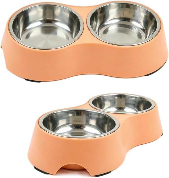 Small Orange Double Pet Bowl – Non-Slip Stainless Steel Food & Water Set for Cats, Kittens & Small Dogs, BPA-Free Mess-Free Feeding Dishes