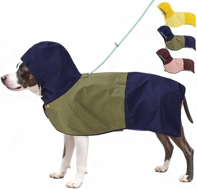 Waterproof Dog Raincoat with Hood, Extended Coverage Rain Jacket for Large Dogs, Wind-Resistant Secure Fit with Leg Straps, Reflective, Leash Hole, Easy Hook & Loop Fastener On/Off, Blue, XXL