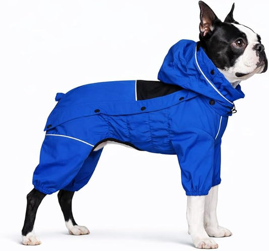 LOVELONGLONG Waterproof Dog Raincoat with Removable Hood – Outdoor Full Body Dog Jacket, Windproof Snowproof Shell Suit – All Season Pet Rain Gear Blue L