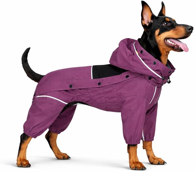 LOVELONGLONG Waterproof Dog Raincoat with Removable Hood – Outdoor Full Body Dog Jacket, Windproof Snowproof Shell Suit – All Season Pet Rain Gear Plum Purple 4XL
