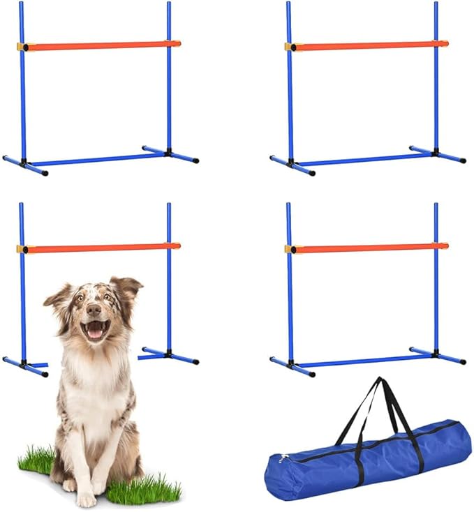 4 PCS Dog Agility Course Equipment, Adjustable Jump Bars Obstacle Training Supplies PVC Puppy Exercise and Coordination Training Kit with Carry Bag for Indoor Outdoor Use(Blue)