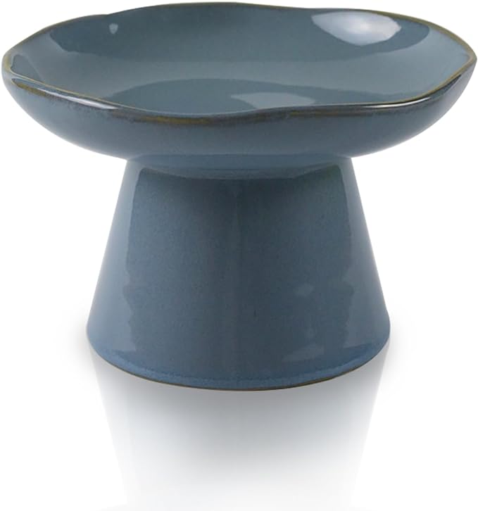 Extra Wide 6.1" Ceramic Raised Cat Food Bowl, Shallow Elevated Pet Feeder for Food Feeding, Anti Vomiting Whisker Fatigue Bowls for Cat Puppy, Blue