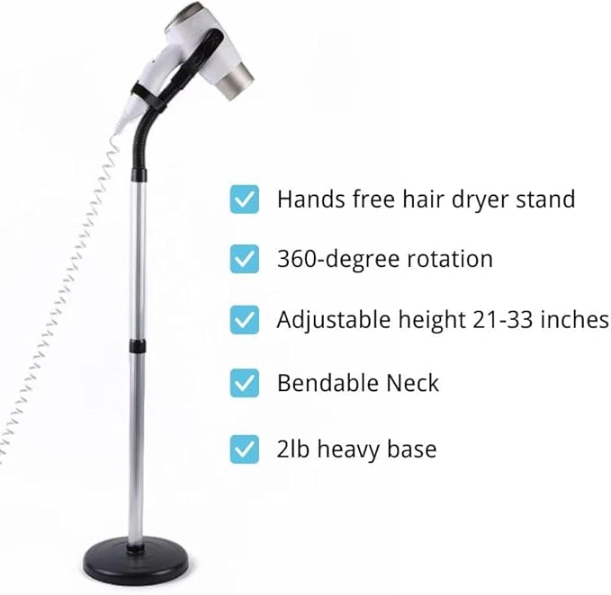 Hair Dryer Holder Stand, Blow Dryer Holder with Heavy Base Hands-Free 360 Degree Rotation, Adjustable Height Countertop Blow Dryer Holder, Good Ideas for Gifts,Birthday,Weddings,Holidays