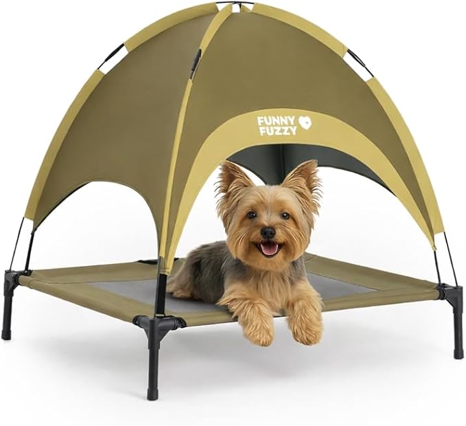 FUNNY FUZZY Elevated Dog Bed with Canopy, Green, Small (24"x18"x7") – Outdoor Pet Cot with UV Protection, Breathable Mesh for Cooling, Indoor & Outdoor Use for Dogs up to 120 lbs,Green