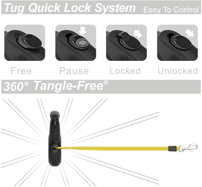 TUG 360° Tangle-Free Reflective Retractable Dog Leash | 16 ft Strong Nylon Tape (Large)