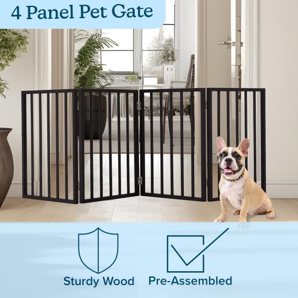 Pet Gate - 4-Panel Indoor Foldable Dog Fence for Stairs, Hallways, or Doorways - 72x24-Inch Wood Freestanding Dog Gates by PETMAKER (Black)