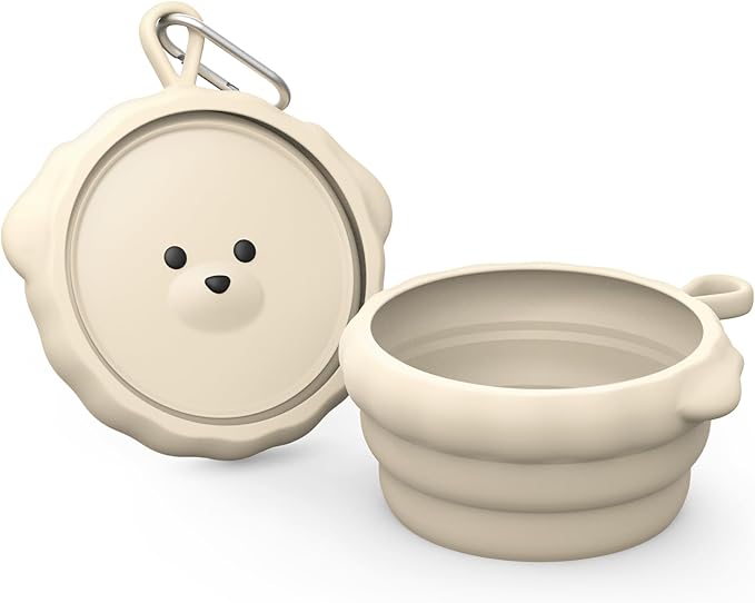Silicone Collapsible Dog Bowl for Travel,Premium Food-Grade Silicone, Portable Water Bowl for Dogs Cats, Foldable Food Water Bowl, Walking, Carabiner, BPA Free, Dishwasher Safe (Ivory)