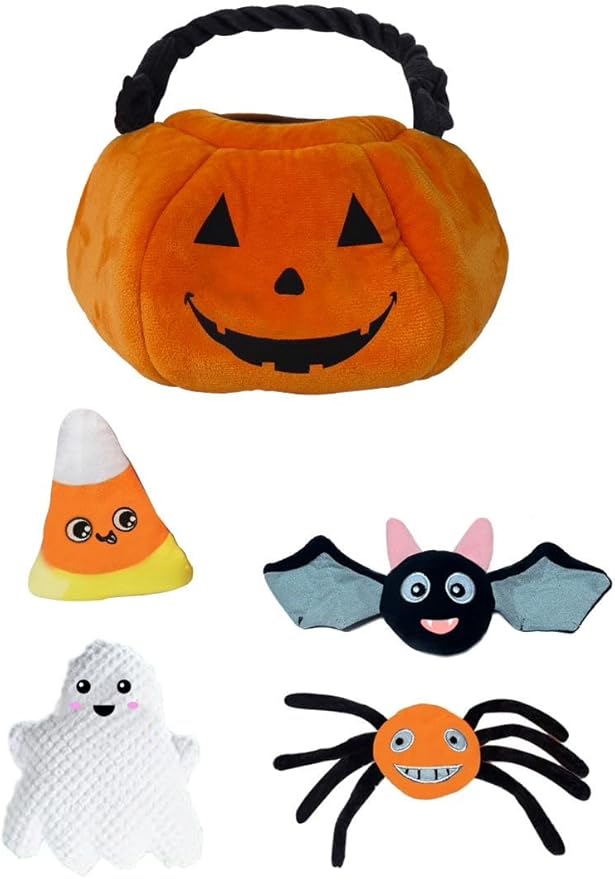 Glow Pups Halloween Hide and Seek Dog Toys, Crinkle Jack O Lantern with 4 Plush Squeak Toys, Durable Rope Handle, Interactive, Orange Halloween Pumpkin