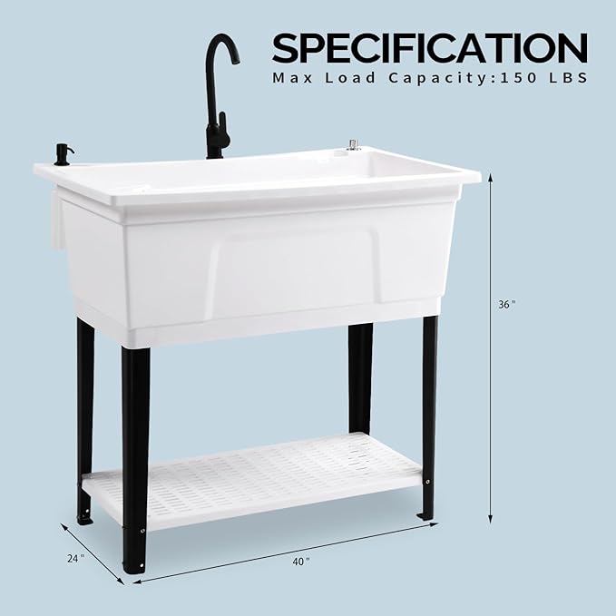 Bonnlo 37-Gallon Freestanding Utility Sink with Faucet, 36" Heightened Basin for Laundry, Garage, Outdoor Garden, Pet Wash, Heavy Duty Plastic Laundry Tub with Storage Shelf, 40"L×24"W×36"H (White)