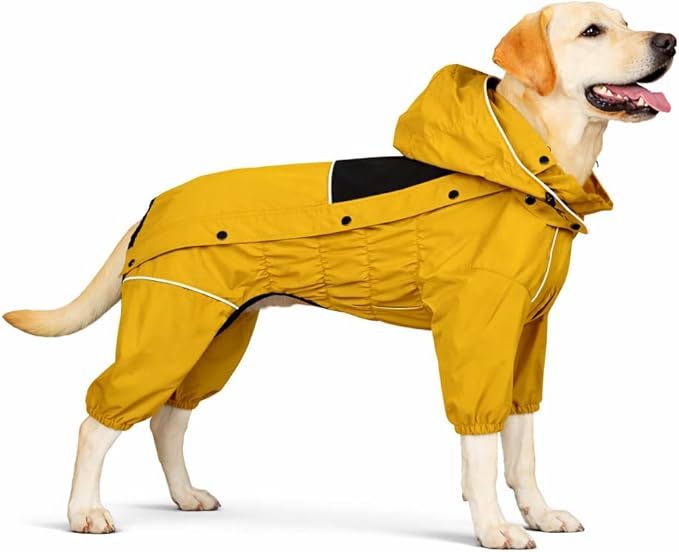 LOVELONGLONG Fleece-Lined Dog Raincoat with Removable Hood – Waterproof Winter Full Body Dog Jacket – Windproof Snowproof Cold-Weather Suit – Yellow-F 2XL