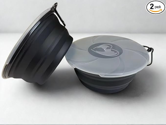 Limpet Collapsible Bowls,Set of 2 Travel Water Bowls for Pets, Portable Pet Feeding Watering Dish for Walking Parking Traveling with 2 Carabiners. (Black+Black, Large)