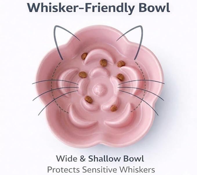 Elevated Ceramic Slow Feeder Cat Bowl, 15° Tilted Feeding Dish Helps Reduce Fast Eating and Vomiting, Whisker-Friendly Heavy Smooth Matte Ceramic, Dishwasher Safe (Blue/Pink)