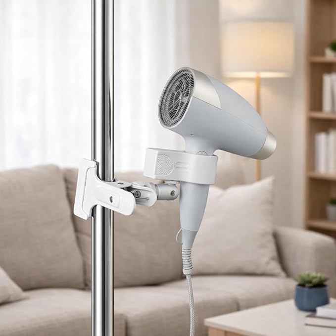 Hands Free Clamp Hair Dryer Holder with Strong Grip, 360° Flexible Gooseneck Blow Dryer Stand, Portable Clip-On Hair Dryer Holder for Styling & Pet Grooming, Table Counter Home Salon, White