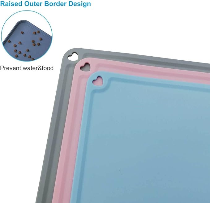 JiangYanus Silicone Pet Feeding Mat for Dog Cat Bowls, Non Slip Waterproof Cat & Dog Bowl Mats Tray with Edges for Food and Water, Pet Bowl Mat Dog Placemats for Floors (16.1 x 12.2 inch, Grey)