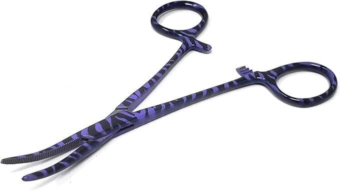 Dog Pet Ear/Nose Hair Puller Grooming Hemostat Locking Forceps Curved Pliers, 5.5" (14cm) Full Serrated Clamps Stainless Steel (Purple Candy Swirls)