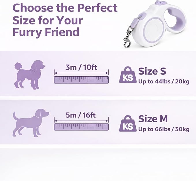 Retractable Dog Leash, 360° Tangle-Free Highly Reflective Nylon Tape, Non-Slip Rubberized Handle, 10-16FT Long Dog Leash for Dogs up to 66LBS,M-Purple