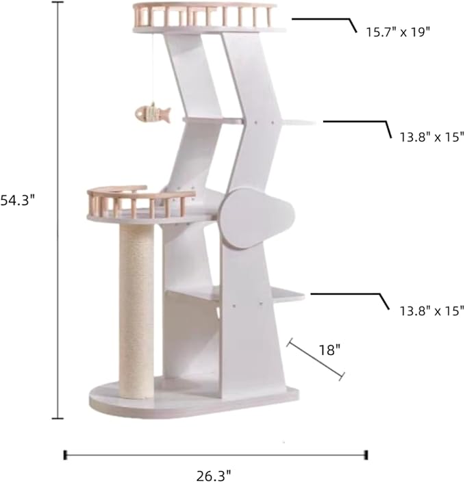 SHENGOCASE Modern Wooden Cat Tree Tower for Window Viewing Watching, 54.3 Inches Tall, 5-Level Large Perch Platform with Sisal Scratching Post, White