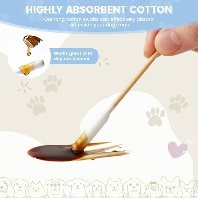 100 Pcs Dog Ear Swabs - 6 Inch Long Cotton Swabs with Absorbency Soft Cotton Tips for Dog Ear Cleaning, Sturdy Bamboo Sticks & Gentle and Lint-Free - Ideal for Pet Cleaning Solution