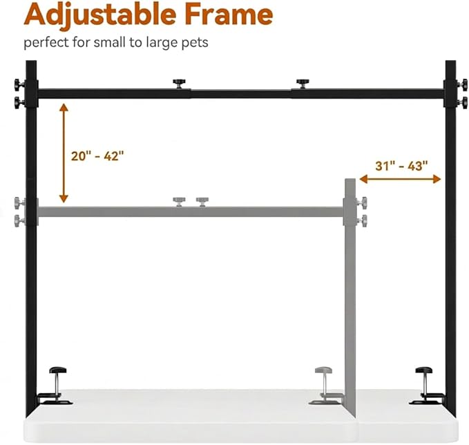 Dog Grooming Arm for Table, S Size, Adjustable 42" Height & 31"–43" Width, H-Shape Stable Grooming Stand, Clamp Fits up to 2.76", with Hammock & 2 Nooses for Home Grooming & Nail Trimming