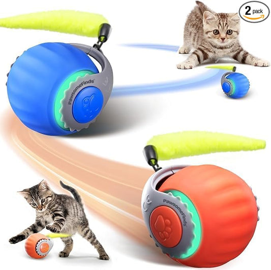2 Pack Interactive Cat Toy for Indoor Cats, Two Speed Smart Automatic Cat Toy Moving Ball with Tail, Rechargeable Motion Activated Cat Toys for Bored Indoor Adult Cats(Orange & Blue)