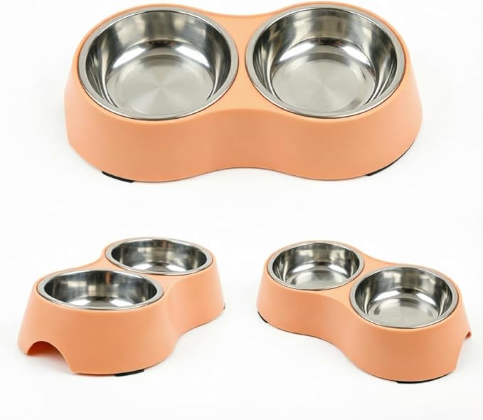 Large Orange Double Pet Bowl – Non-Slip Stainless Steel Food & Water Set for Medium/Large Dogs & Multiple Cats, BPA-Free Mess-Free Feeding Dishes