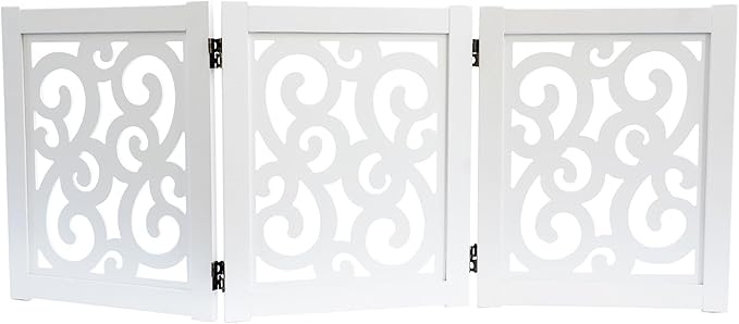 Ashfield & Harkness: 3-Panel Pet Gate - Scroll White - Wooden Foldable Freestanding Fence, Small Dogs & Puppy, 48 x 19.3, Indoor-Doorway-Halls-Stairs