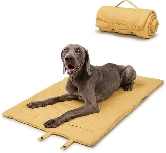 Travel Dog Bed | Camping Dog Bed | 46.46"x26.38" Waterproof Outdoor Dog Mat | Portable Place Mat for Dogs with Handle | Machine Washable | Easy Clean for Outdoor Adventures (Yellow, Large)