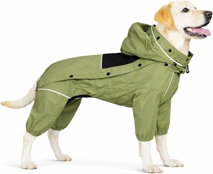 LOVELONGLONG Waterproof Dog Raincoat with Removable Hood – Outdoor Full Body Dog Jacket, Windproof Snowproof Shell Suit – All Season Pet Rain Gear Sage Green XXL