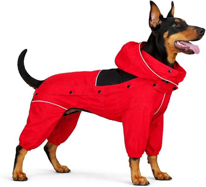 LOVELONGLONG Waterproof Dog Raincoat with Removable Hood – Outdoor Full Body Dog Jacket, Windproof Snowproof Shell Suit – All Season Pet Rain Gear Red 3XL