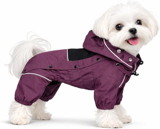 LOVELONGLONG Waterproof Dog Raincoat with Removable Hood – Outdoor Full Body Dog Jacket, Windproof Snowproof Shell Suit – All Season Pet Rain Gear Plum Purple XS