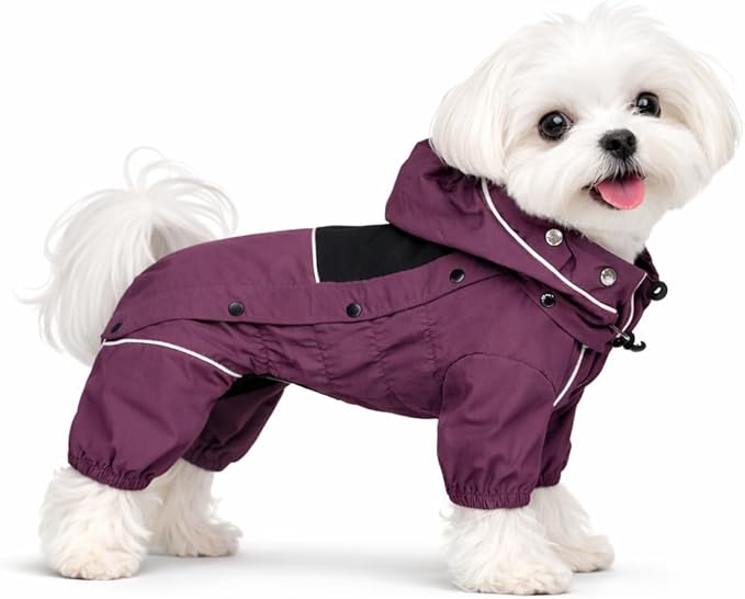 LOVELONGLONG Waterproof Dog Raincoat with Removable Hood – Outdoor Full Body Dog Jacket, Windproof Snowproof Shell Suit – All Season Pet Rain Gear Plum Purple XXS
