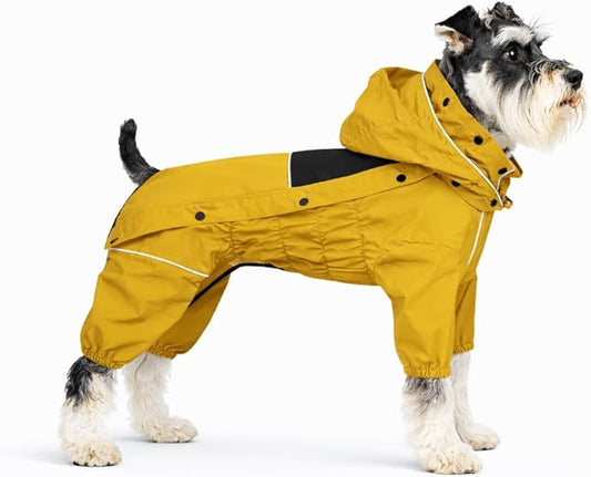 LOVELONGLONG Waterproof Dog Raincoat with Removable Hood – Outdoor Full Body Dog Jacket, Windproof Snowproof Shell Suit – All Season Pet Rain Gear Mustard Yellow S+