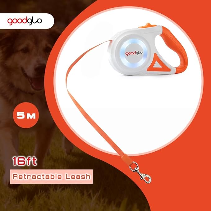 16ft Retractable Dog Leash with LED Light, Nylon Tape Lead for Medium Dogs Up to 60lbs, One-Hand Brake (Orange)