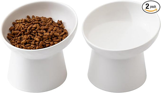 Ceramic Raised Cat Bowls - Elevated Tilted Cat Food and Water Bowls Set, Anti Vomiting and Protect Pets' Spines Pet Feeding Dish for Cats, Dishwasher Microwave Safe (2 x Bowl - White)