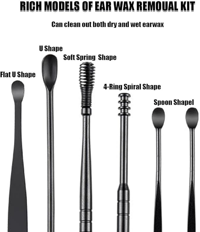 Spring Ear Cleaning Tool Kit - Contains 6 Pieces of Adult Spiral Ear Wax Remover, Ear Picker, Ear Wax Remover, Etc. -Ear Wax Removal Kit with Housing - Black