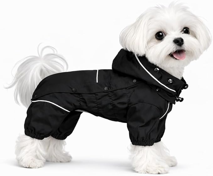 LOVELONGLONG Fleece-Lined Dog Raincoat with Removable Hood – Waterproof Winter Full Body Dog Jacket – Windproof Snowproof Cold-Weather Suit – Black-F XXS