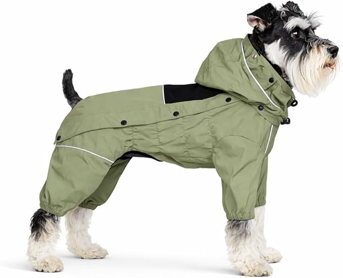 LOVELONGLONG Fleece-Lined Dog Raincoat with Removable Hood – Waterproof Winter Full Body Dog Jacket – Windproof Snowproof Cold-Weather Suit – Green-F S