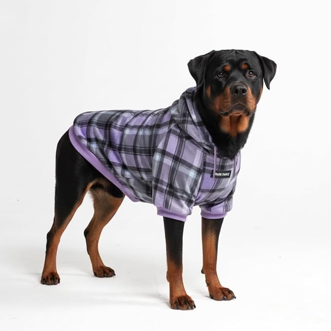 Spark Paws Dog Hoodie – Premium Dog Sweater for Small, Medium, and Large Dogs | Warm Outfits for French Bulldogs, Pitbull, Puppy, Winter Jacket Alternative - Purple Plaid - 5XL