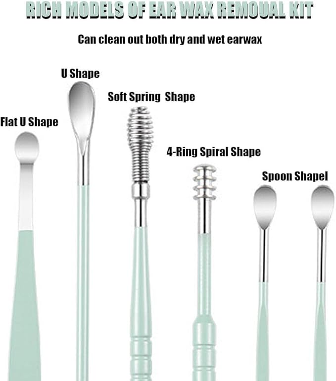 6 Pcs Ear Pick Earwax Removal Kit, Cleansing Tool Set, Curette Cleaner, 360degree Spiral Design Canal Cleaner Stainless Steel, with a Storage Box Portable Kit (Green), 11.7x2.8x2cm