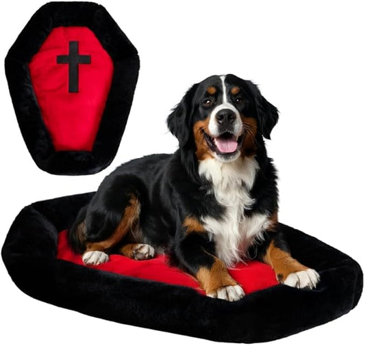 Gothic Cat Beds Fits up to 25 lbs, Washable Coffin Cat Bed, Goth Pet Bed, Halloween House 32 * 22 Inch, Red & Black Small (Black, Large)
