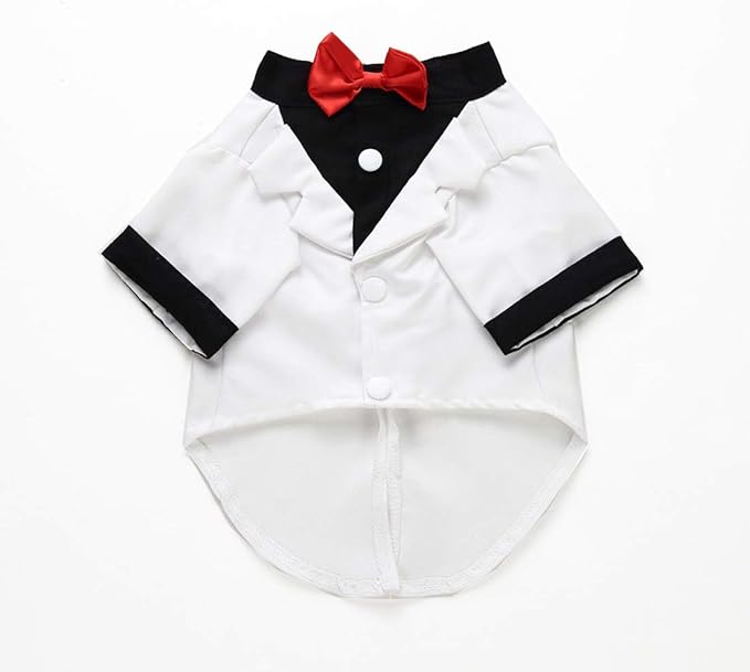 GabeFish Pets Wedding Jackets Suit for Dogs with Bow Tie Puppy Cat Formal Clothes Shirt Tuxedo (White, S (Chest 12.9in/33cm)