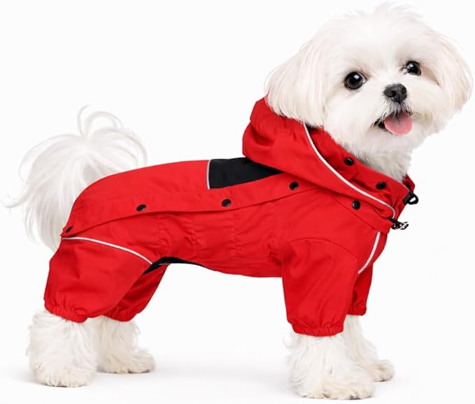 LOVELONGLONG Waterproof Dog Raincoat with Removable Hood – Outdoor Full Body Dog Jacket, Windproof Snowproof Shell Suit – All Season Pet Rain Gear Red XS