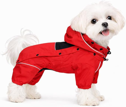 LOVELONGLONG Waterproof Dog Raincoat with Removable Hood – Outdoor Full Body Dog Jacket, Windproof Snowproof Shell Suit – All Season Pet Rain Gear Red XS