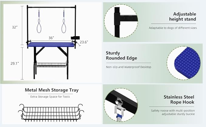 Professional Dog Pet Grooming Table Adjustable Heavy Duty Portable w/Arm & Noose & Mesh Tray (36", Blue)