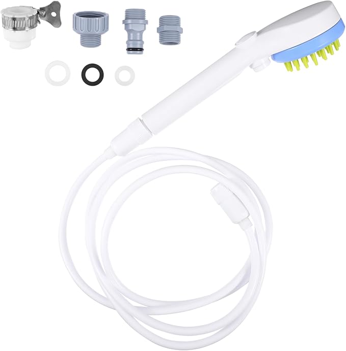 POPETPOP Portable Dog Shower Sprayer with Massage Brush Hose Pet Bathing Tool for Puppy Grooming Durable Handheld Sprinkler Reducing Water and Shampoo Use
