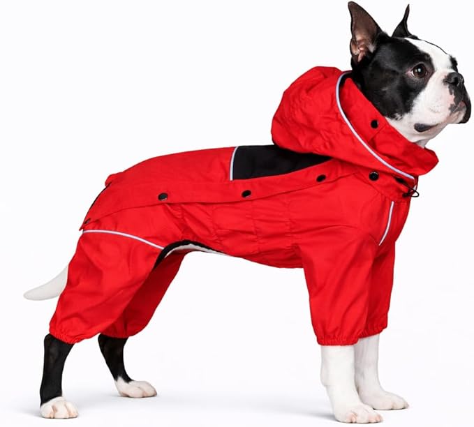 LOVELONGLONG Waterproof Dog Raincoat with Removable Hood – Outdoor Full Body Dog Jacket, Windproof Snowproof Shell Suit – All Season Pet Rain Gear Red L
