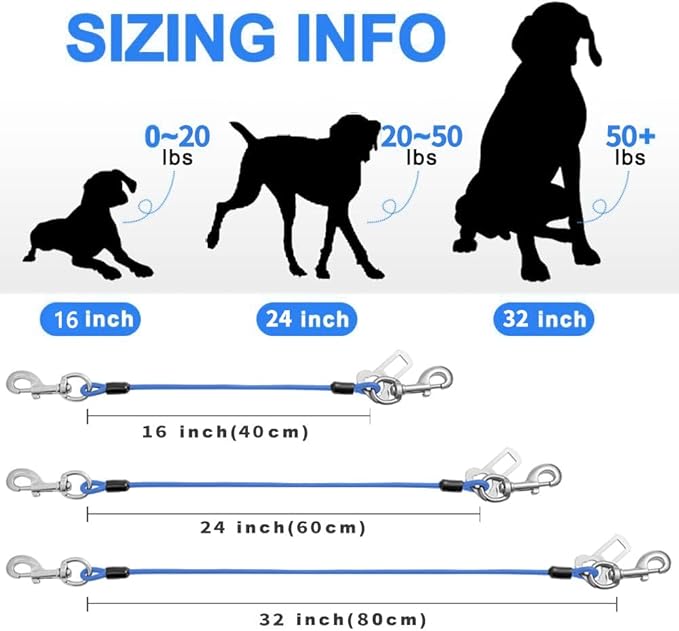 Dog Seat Belt Harness for Car,2pcs Dog Seatbelt of Coated Wire Leash Safety Restraint,No Chew Tether Cable Vehicle Dogs Accessories,Double Clips & Latch (Blue, 16 inch/40 CM)